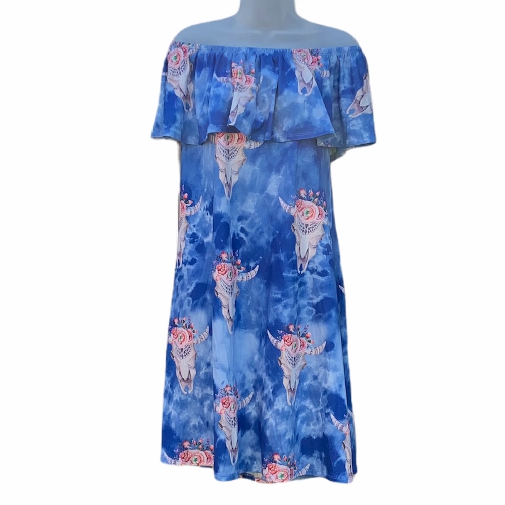WONDERLAND by ORANGE Off the Shoulder Flounce Cow Skulls Blue Dress S